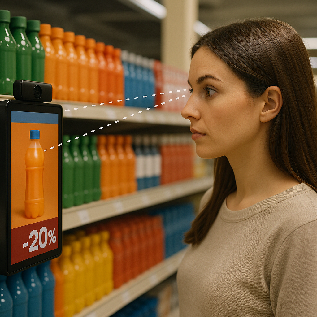 Una mujer joven con cabello castaño lacio y suelto observa atentamente una pantalla digital anclada a la estantería de un supermercado. En la pantalla aparece la imagen de una botella naranja con una etiqueta de descuento del 20 %. Sobre la pantalla hay una cámara que apunta directamente a su rostro, y entre ambos se muestran líneas punteadas que indican que el sistema está leyendo su expresión facial. Alrededor, los estantes exhiben productos organizados por colores. El entorno está iluminado con luz suave y pareja.