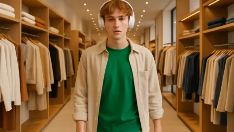 Un joven con cabello castaño claro y audífonos blancos camina por el pasillo central de una boutique moderna y bien iluminada. Viste un conjunto informal en tonos beige, rodeado de estanterías de madera que exhiben prendas cuidadosamente organizadas en una gama de colores neutros.